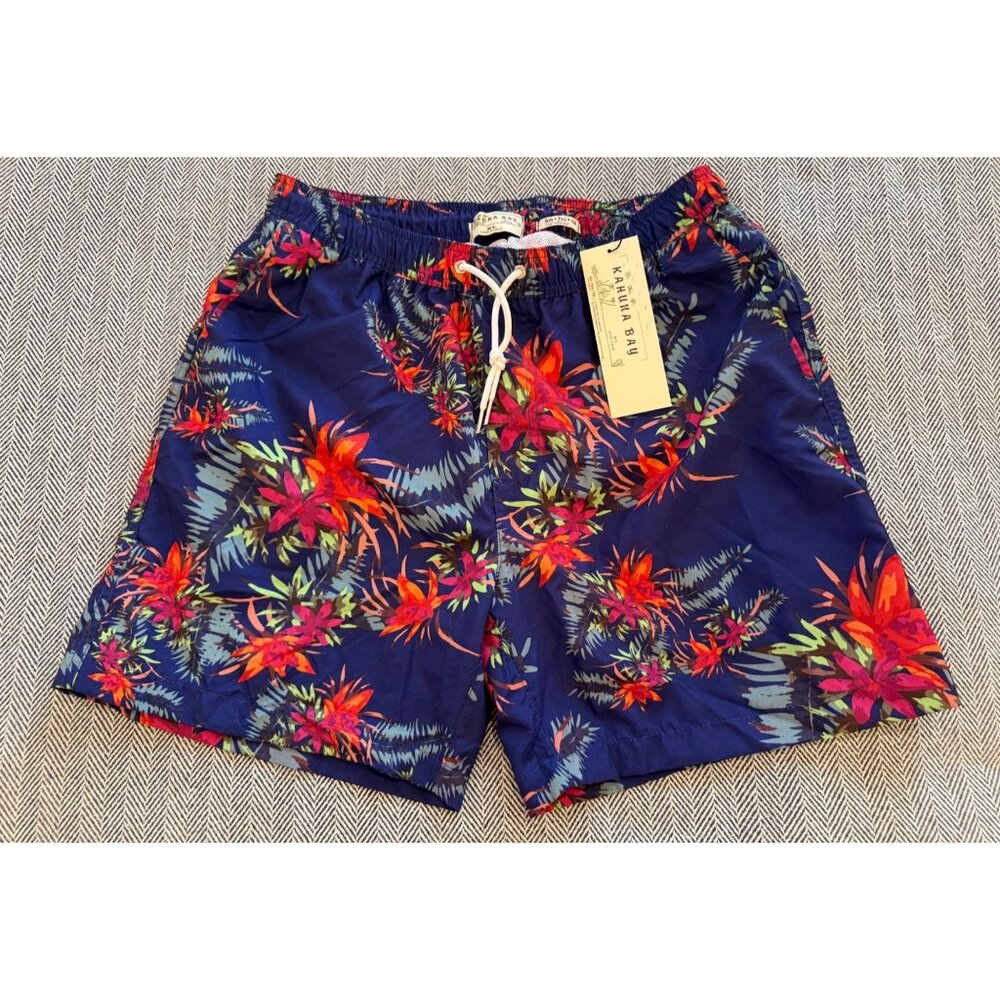NWT Kahala Bay Mens Floral Swim Shorts With Mesh Lining - Size XL- Navy Blue